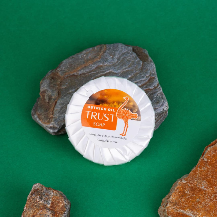عالیترین صابون ضد خشکی پوست بدن و صورت با صابون شتر مرغ trust با حجم 75گرم